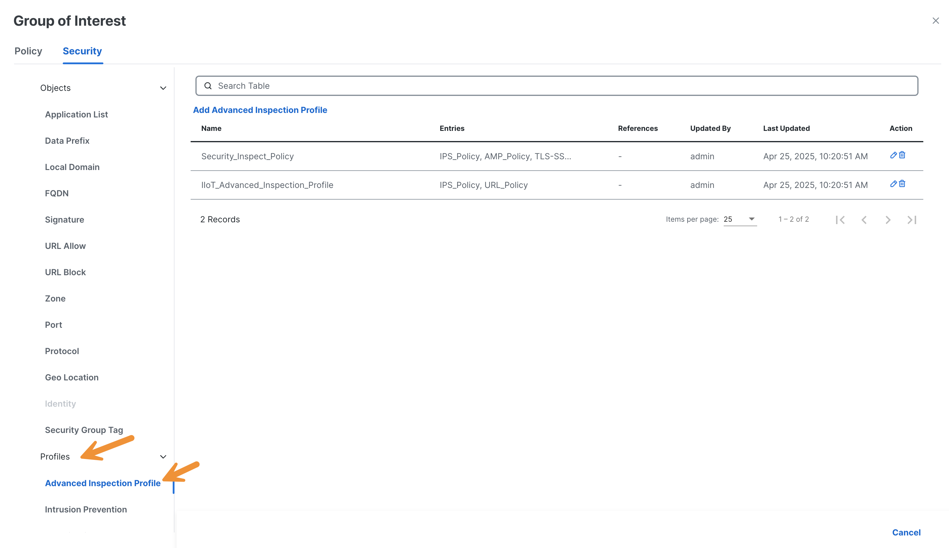 Group of Interest Advanced Inspect Profile