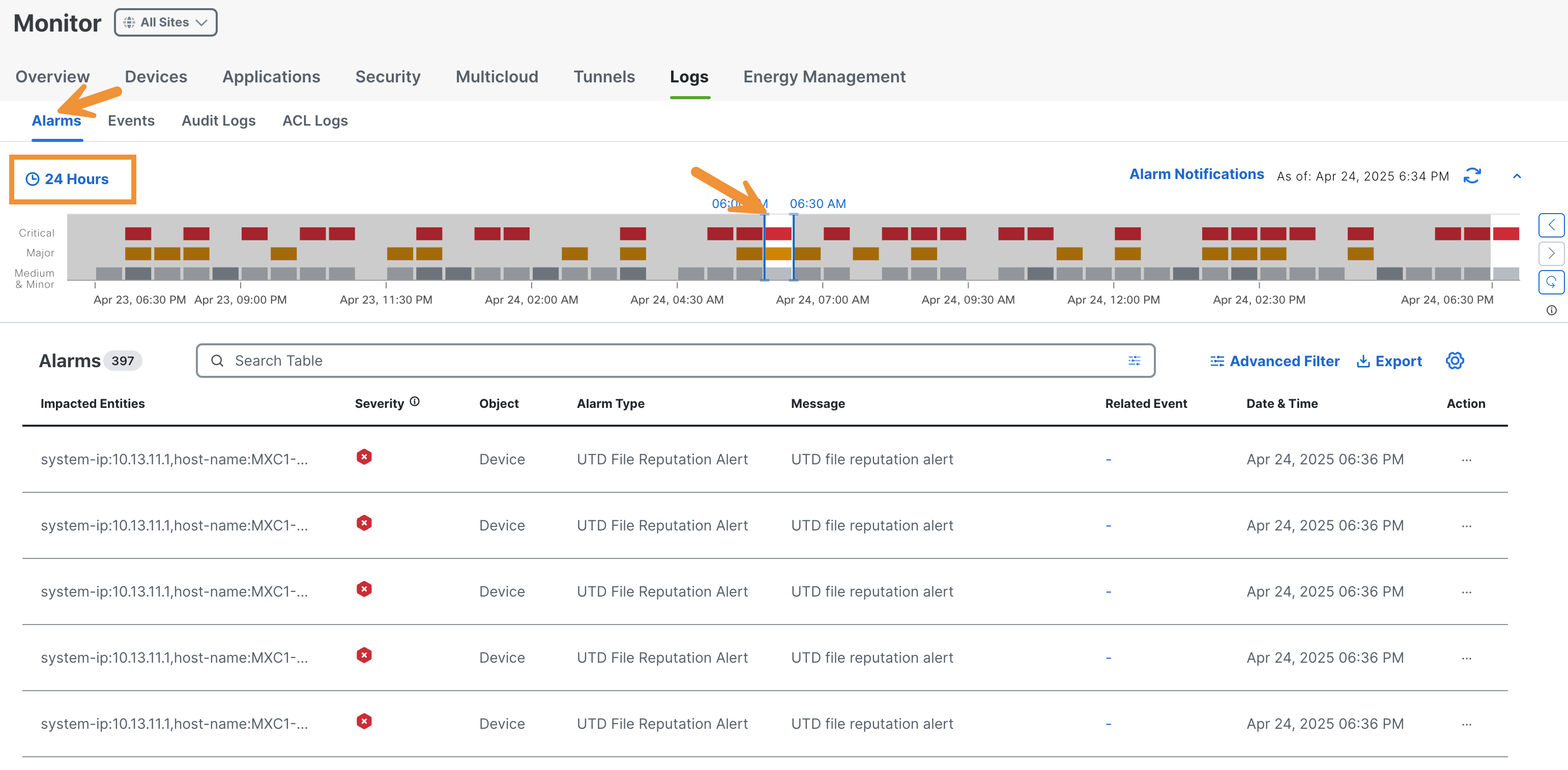 Select date time security logs - alarms