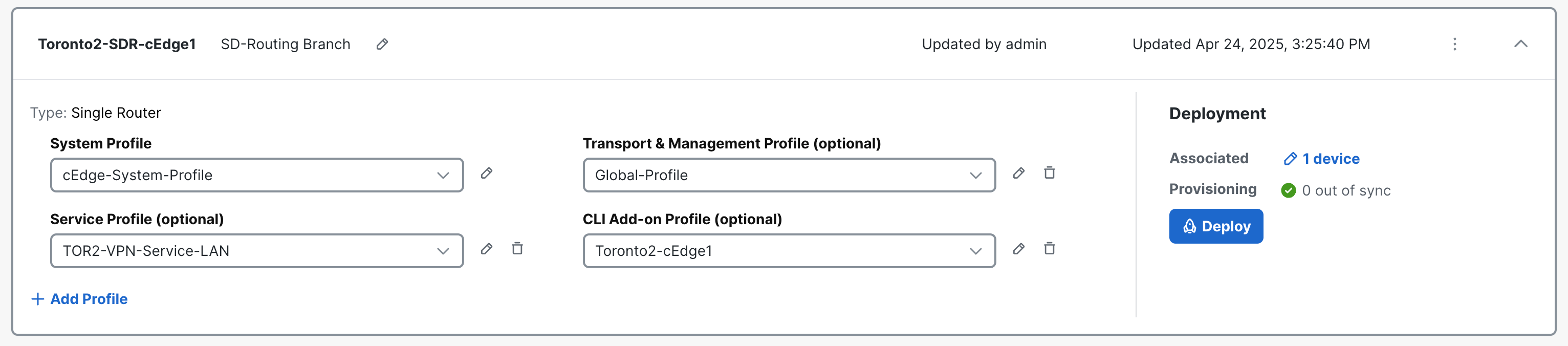 SD-WAN Manager Config Group Toronto with Feature Profiles